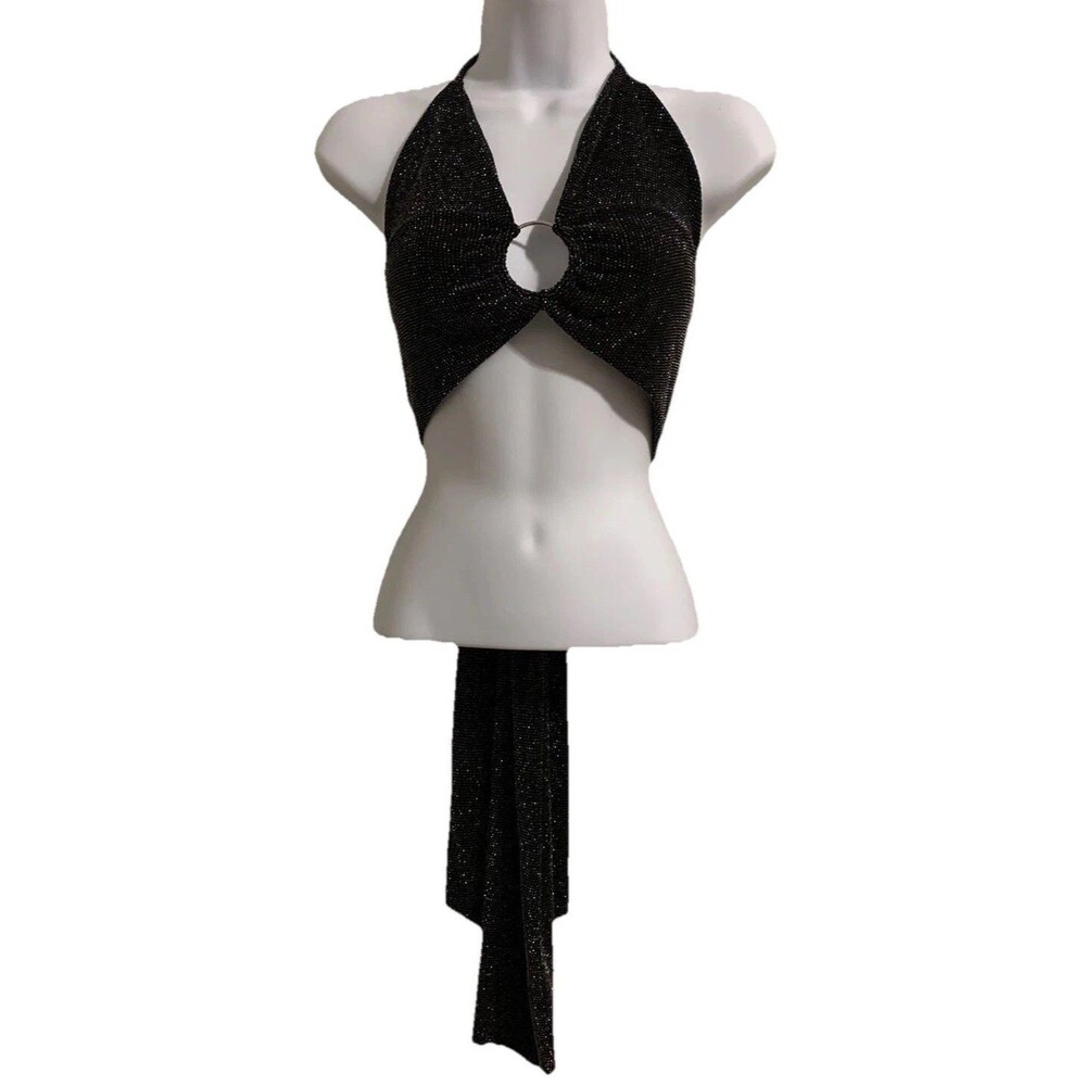 Pretty Little Thing Womens Wrap Halter Top Black Size US 4 Glitter Stretch